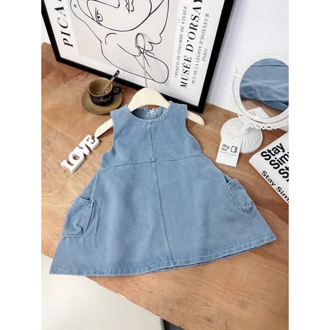 Váy bé gái, váy Denim dáng suông sát nách xinh xắn cho bé 10-30kg