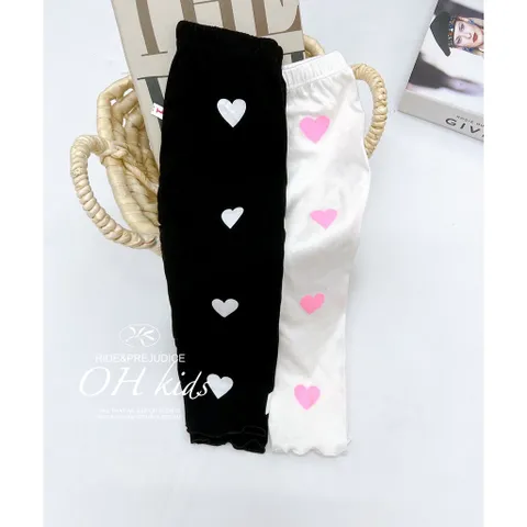 Quần legging cho bé gái, quần legging chất cotton họa tiết tim in tràn cho bé