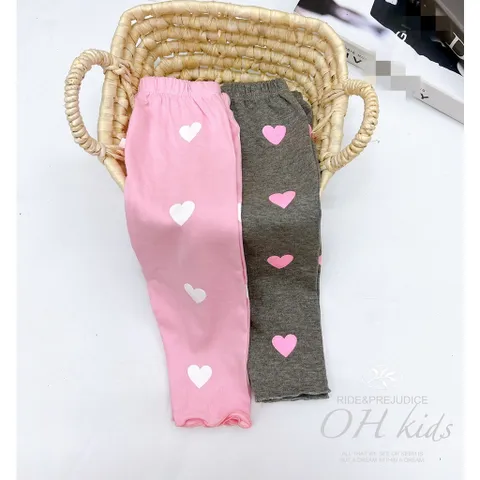 Quần legging cho bé gái, quần legging chất cotton họa tiết tim in tràn cho bé