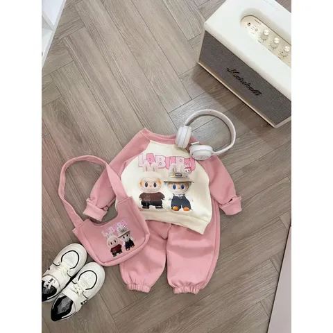 XẢ HÀNG- quần áo thu đông bé gái, set bộ nỉ 2 da Labubu TẶNG TÚI cho bé 10-30kg