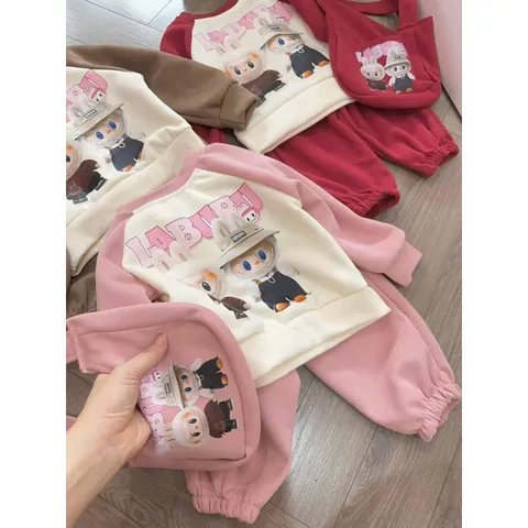 XẢ HÀNG- quần áo thu đông bé gái, set bộ nỉ 2 da Labubu TẶNG TÚI cho bé 10-30kg
