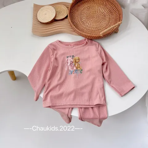 Quần áo bé trai, bé gái, bộ tăm Quảng Châu dài tay hình gấu dễ thương cho bé