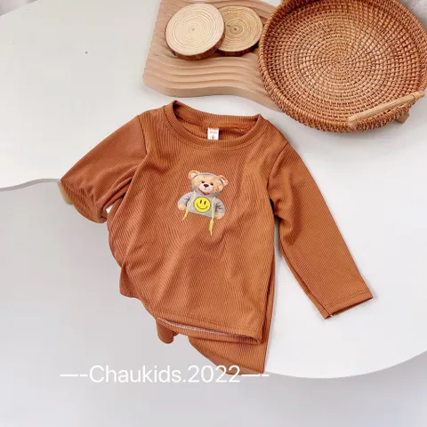 Quần áo bé trai, bé gái, bộ tăm Quảng Châu dài tay hình gấu dễ thương cho bé