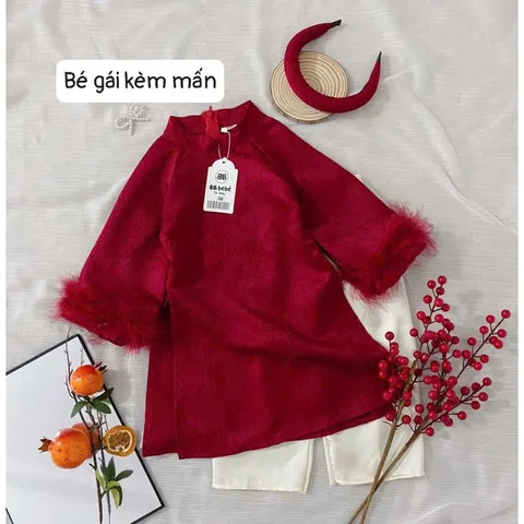 Áo dài cách tân cho bé, set 3ct cặp áo dài đỏ chất gấm vân hoa cho bé trai và bé gái size 10-30kg