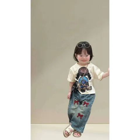 Quần áo bé gái, set bộ áo cotton cô gái BURI kèm quần jean suông đắp nơ đỏ cho bé 10-30kg