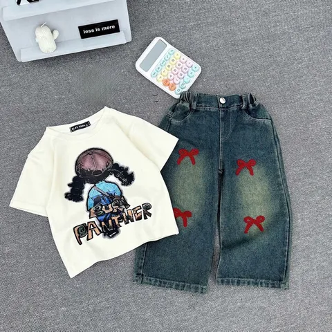 Quần áo bé gái, set bộ áo cotton cô gái BURI kèm quần jean suông đắp nơ đỏ cho bé 10-30kg