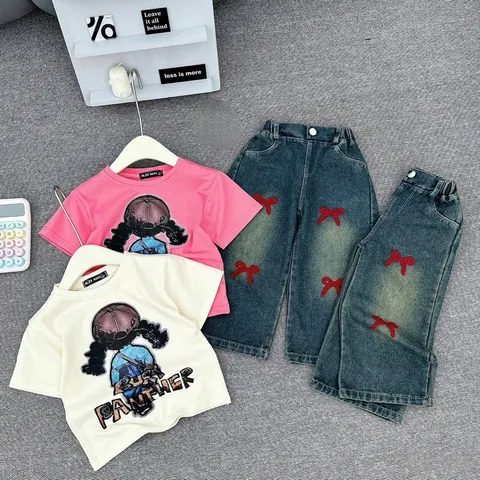 Quần áo bé gái, set bộ áo cotton cô gái BURI kèm quần jean suông đắp nơ đỏ cho bé 10-30kg