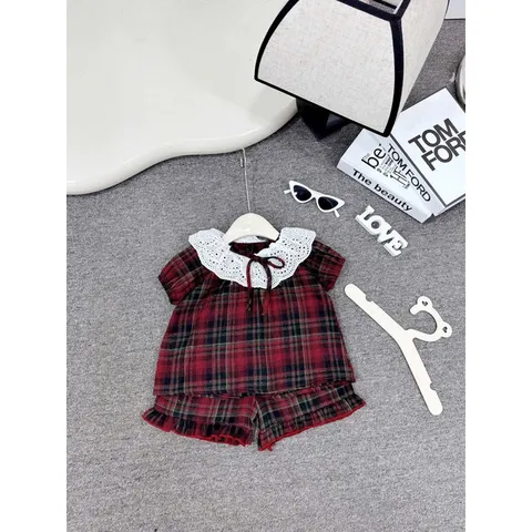 Đồ bộ bé gái, set bộ quần áo cộc tay chất thô đũi cổ ren cho bé 10-30kg