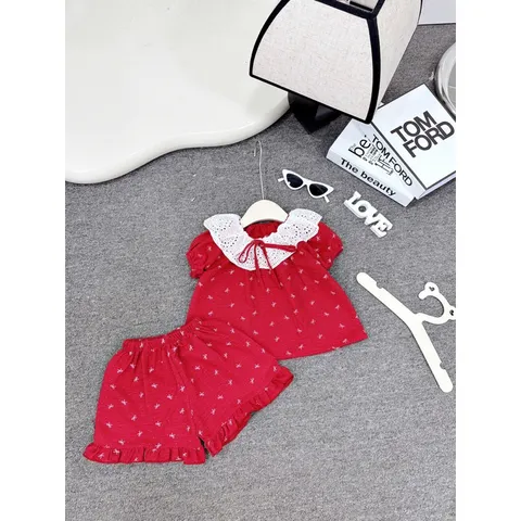 Đồ bộ bé gái, set bộ quần áo cộc tay chất thô đũi cổ ren cho bé 10-30kg