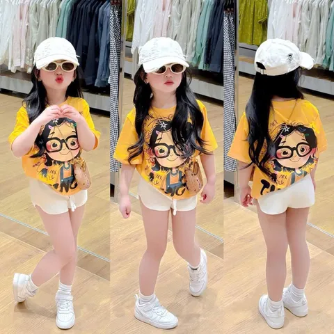 Quần áo bé gái, set áo cotton tone vàng tươi họa tiết cô gái kèm quần short trắng cho bé 10-50kg