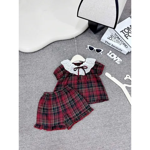 Đồ bộ bé gái, set bộ quần áo cộc tay chất thô đũi cổ ren cho bé 10-30kg