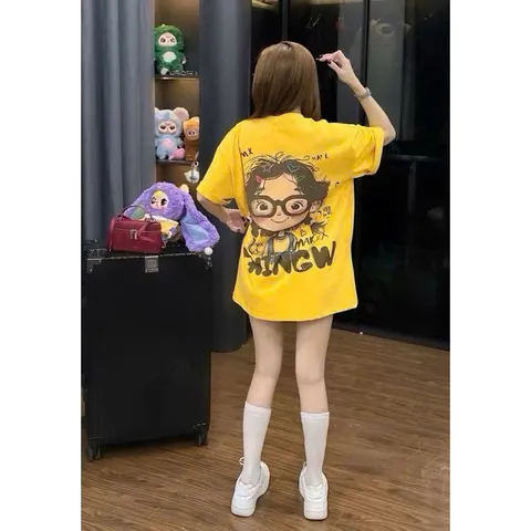 Quần áo bé gái, set áo cotton tone vàng tươi họa tiết cô gái kèm quần short trắng cho bé 10-50kg