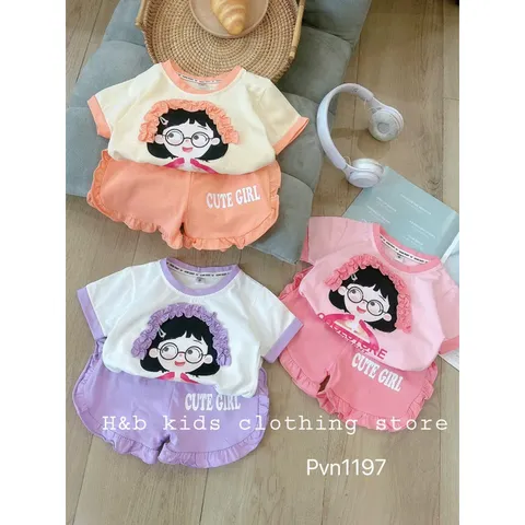 Quần áo bé gái, bộ quần áo cộc tay họa tiết cô gái  Cute Girl cho bé 8-20kg