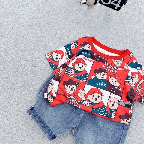 Quần áo bé trai, set bộ áo gấu đỏ kèm quần short jean cho bé 10-30kg