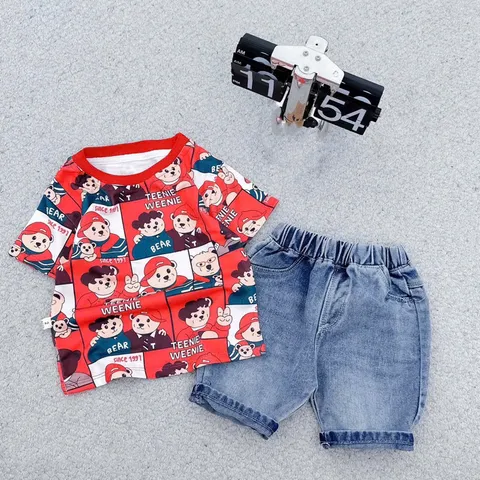 Quần áo bé trai, set bộ áo gấu đỏ kèm quần short jean cho bé 10-30kg
