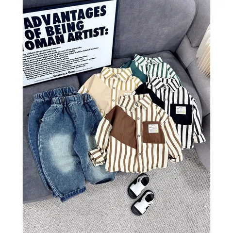 Quần áo bé trai, set bộ áo sơ mi dài tay kẻ đứng to kèm quần Jean cào rách sành điệu cho bé 10-30kg