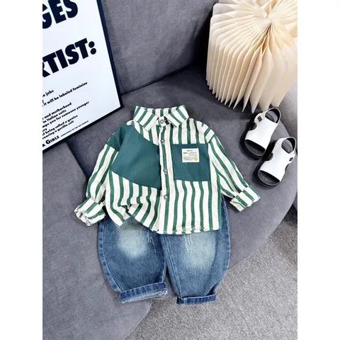 Quần áo bé trai, set bộ áo sơ mi dài tay kẻ đứng to kèm quần Jean cào rách sành điệu cho bé 10-30kg