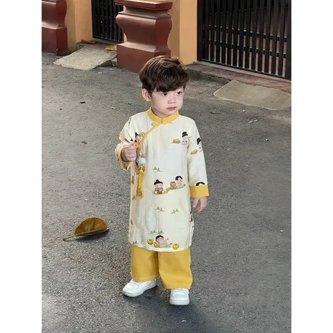 Áo dài cách tân cho bé, set cặp áo dài lụa họa tiết anh em cho bé trai và bé gái 10-30kg