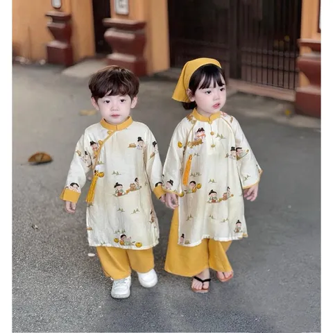 Áo dài cách tân cho bé, set cặp áo dài lụa họa tiết anh em cho bé trai và bé gái 10-30kg