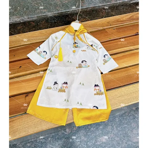 Áo dài cách tân cho bé, set cặp áo dài lụa họa tiết anh em cho bé trai và bé gái 10-30kg