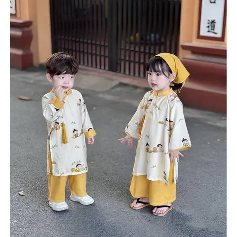 Áo dài cách tân cho bé, set cặp áo dài lụa họa tiết anh em cho bé trai và bé gái 10-30kg