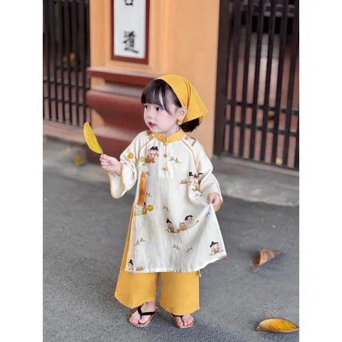 Áo dài cách tân cho bé, set cặp áo dài lụa họa tiết anh em cho bé trai và bé gái 10-30kg