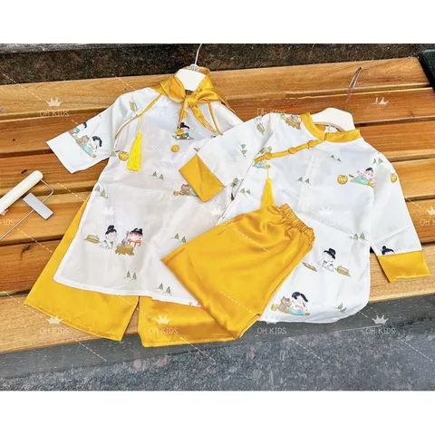 Áo dài cách tân cho bé, set cặp áo dài lụa họa tiết anh em cho bé trai và bé gái 10-30kg