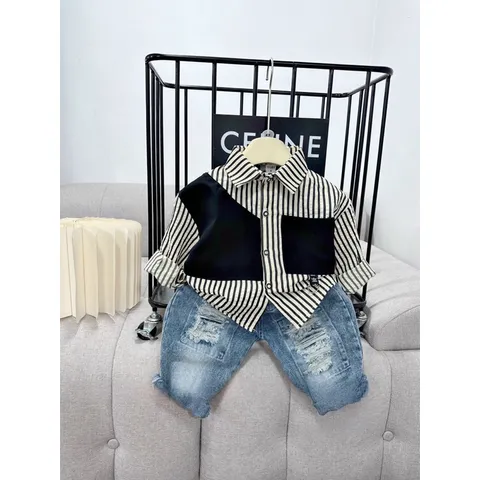 Quần áo bé trai, set bộ áo sơ mi dài tay kẻ đứng phối quần Jean cào rách sành điệu cho bé 10-30kg
