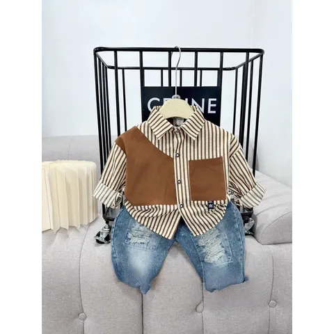 Quần áo bé trai, set bộ áo sơ mi dài tay kẻ đứng phối quần Jean cào rách sành điệu cho bé 10-30kg