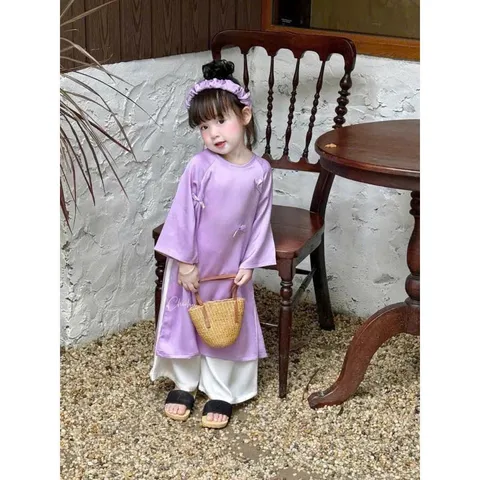 Áo dài cách tân cho bé gái, set áo dài lụa đính nhiều nơ TẶNG KÈM BỜM cho bé 10-20kg