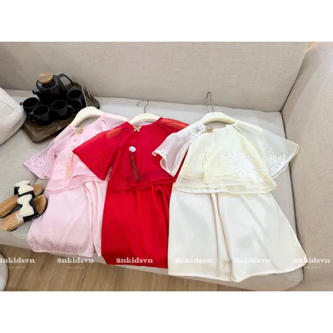 Áo dài cách tân cho bé, set bộ pháp phục áo voan tơ 2 lớp kèm quần lụa vân hoa cho bé gái 10-20kg