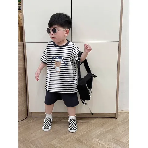 Quần áo bé trai, set bộ áo cotton kẻ ngang gấu ANOY CAPTAIN kèm quần short tổ ong cho bé 8-27kg