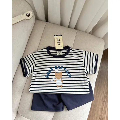 Quần áo bé trai, set bộ áo cotton kẻ ngang gấu ANOY CAPTAIN kèm quần short tổ ong cho bé 8-27kg