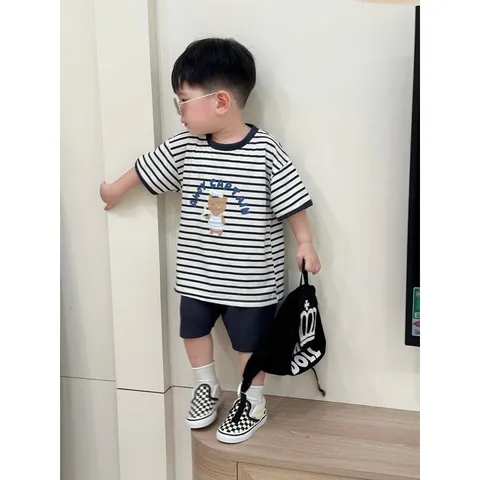 Quần áo bé trai, set bộ áo cotton kẻ ngang gấu ANOY CAPTAIN kèm quần short tổ ong cho bé 8-27kg