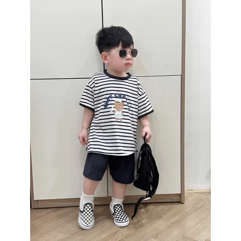 Quần áo bé trai, set bộ áo cotton kẻ ngang gấu ANOY CAPTAIN kèm quần short tổ ong cho bé 8-27kg