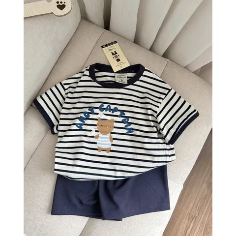 Quần áo bé trai, set bộ áo cotton kẻ ngang gấu ANOY CAPTAIN kèm quần short tổ ong cho bé 8-27kg