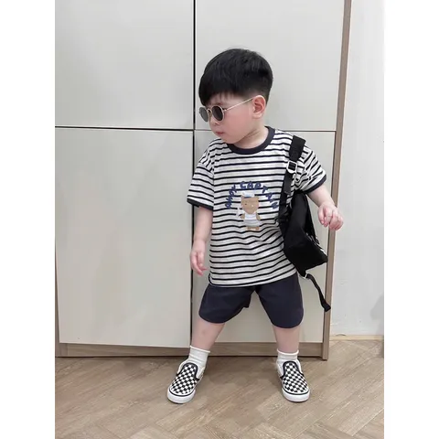 Quần áo bé trai, set bộ áo cotton kẻ ngang gấu ANOY CAPTAIN kèm quần short tổ ong cho bé 8-27kg