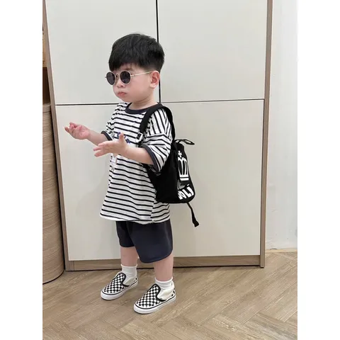 Quần áo bé trai, set bộ áo cotton kẻ ngang gấu ANOY CAPTAIN kèm quần short tổ ong cho bé 8-27kg