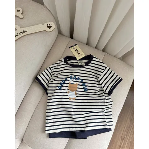 Quần áo bé trai, set bộ áo cotton kẻ ngang gấu ANOY CAPTAIN kèm quần short tổ ong cho bé 8-27kg