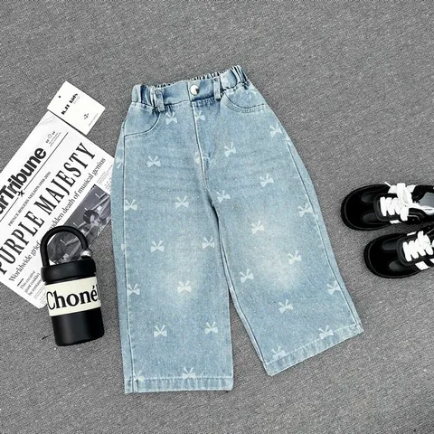 Quần dài bé gái, quần Jean ống rộng hoạ tiết nơ in tràn cho bé 10-32kg