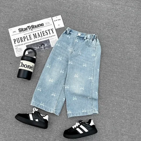 Quần dài bé gái, quần Jean ống rộng hoạ tiết nơ in tràn cho bé 10-32kg