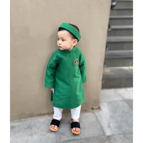 Áo dài cách tân cho bé trai, set áo dài 3ct: áo dài Tafta quần lụa và khăn vấn cho bé 10-30kg