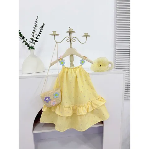 Váy bé gái, váy maxi vàng tặng túi cói cho bé 10-35kg