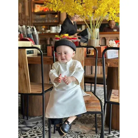 Áo dài cách tân cho bé trai, set áo dài 3ct: áo dài Tafta quần lụa và khăn vấn cho bé 10-30kg