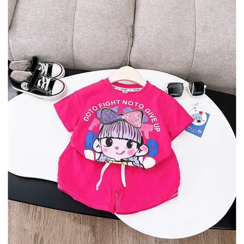 Quần áo bé gái, set bộ quần áo cộc tay chất cotton họa tiết cô gái đeo nơ size 10-38kg