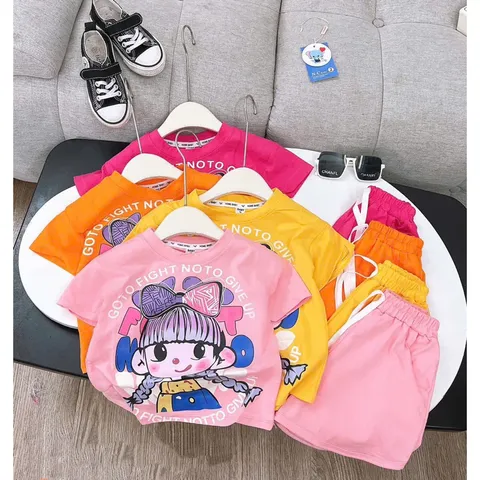 Quần áo bé gái, set bộ quần áo cộc tay chất cotton họa tiết cô gái đeo nơ size 10-38kg