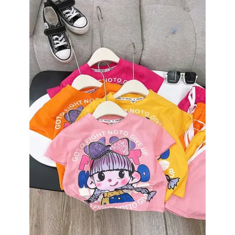 Quần áo bé gái, set bộ quần áo cộc tay chất cotton họa tiết cô gái đeo nơ size 10-38kg