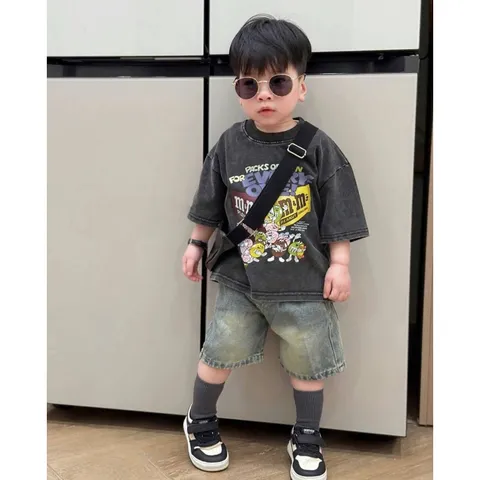 Quần áo bé trai, set bộ cộc tay áo Jean loang họa tiết M’s M’s kèm quần Jean ngố cho bé 10-35kg