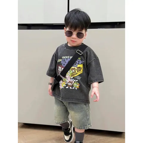 Quần áo bé trai, set bộ cộc tay áo Jean loang họa tiết M’s M’s kèm quần Jean ngố cho bé 10-35kg