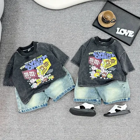 Quần áo bé trai, set bộ cộc tay áo Jean loang họa tiết M’s M’s kèm quần Jean ngố cho bé 10-35kg